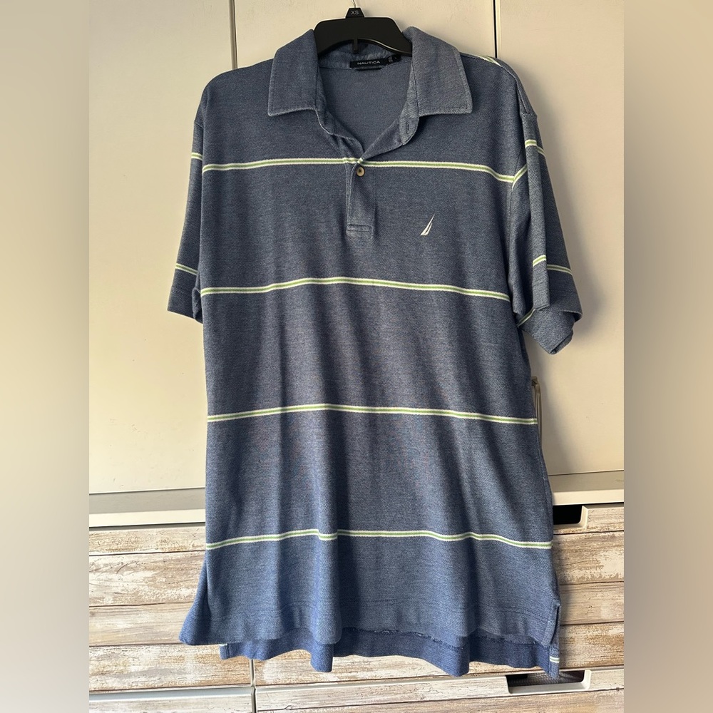 👕 Nautica Striped Polo Shirt Blue Green Sail Logo Cotton Size L